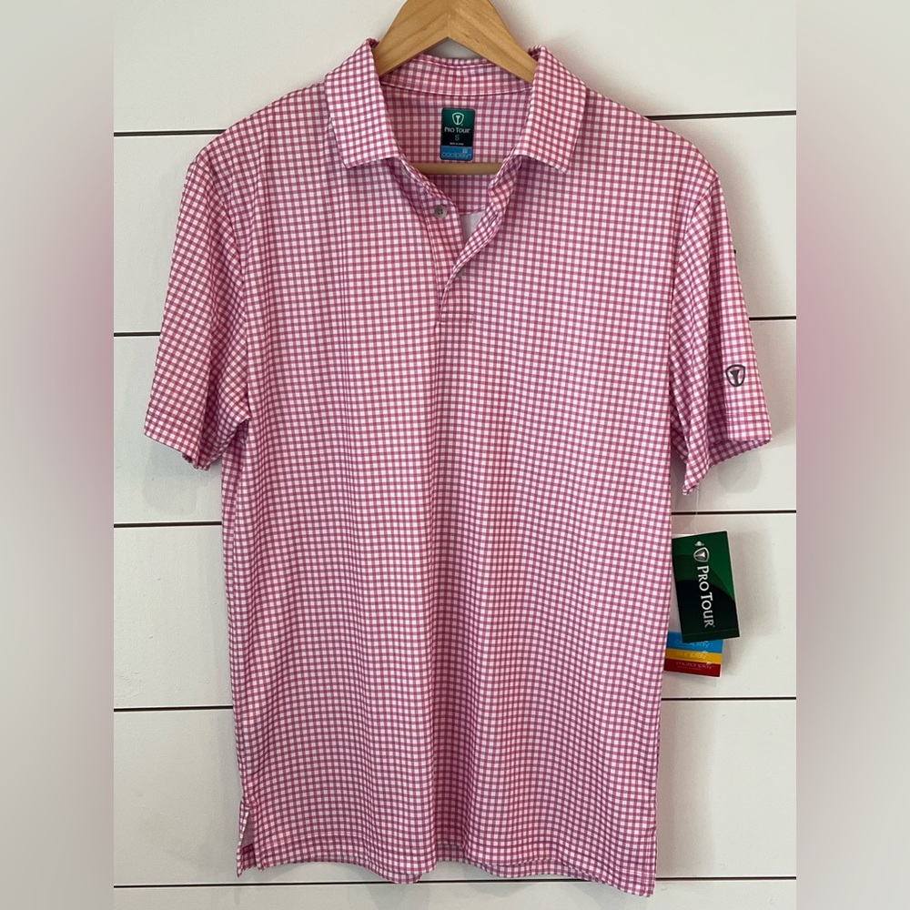 NWT ProTour Golf‎ Coolplay Pink Gingham Performance Polo